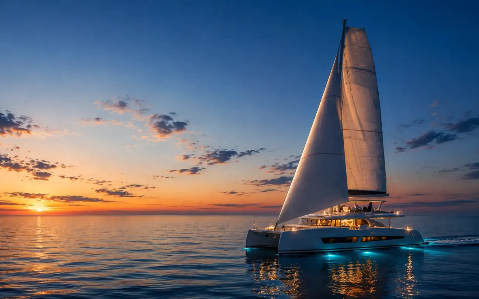 Fountaine-Pajot-Segelkatamaran im Sonnenuntergang